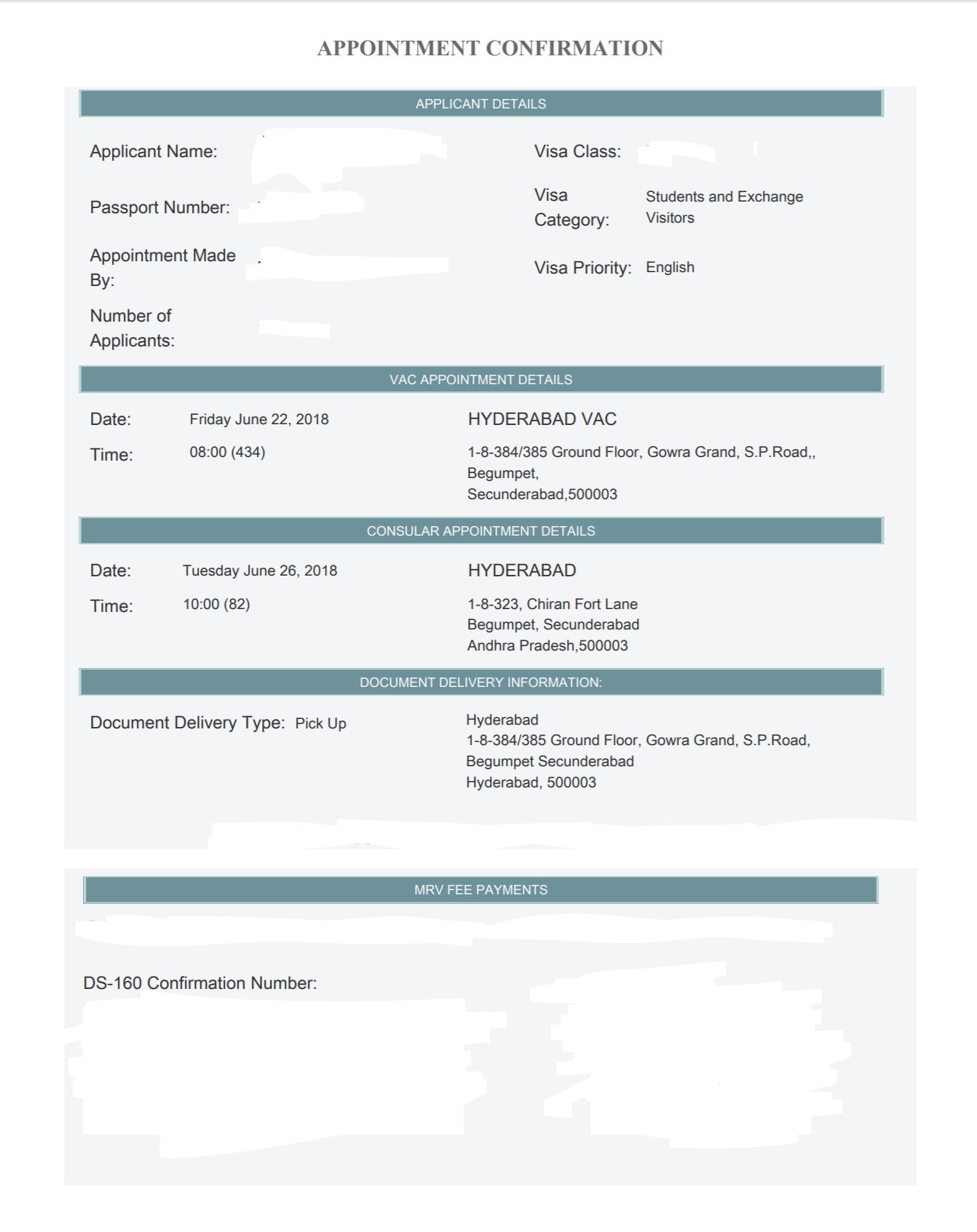 Redacted Visa Appointment Confirmation Page.