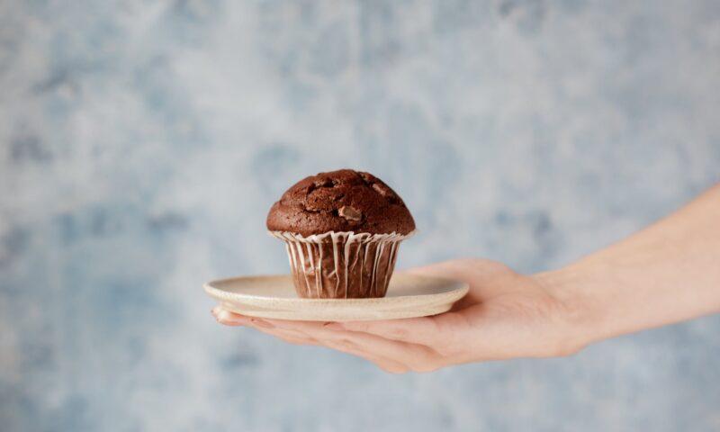 photo of person holding a plate of chcolate muffin